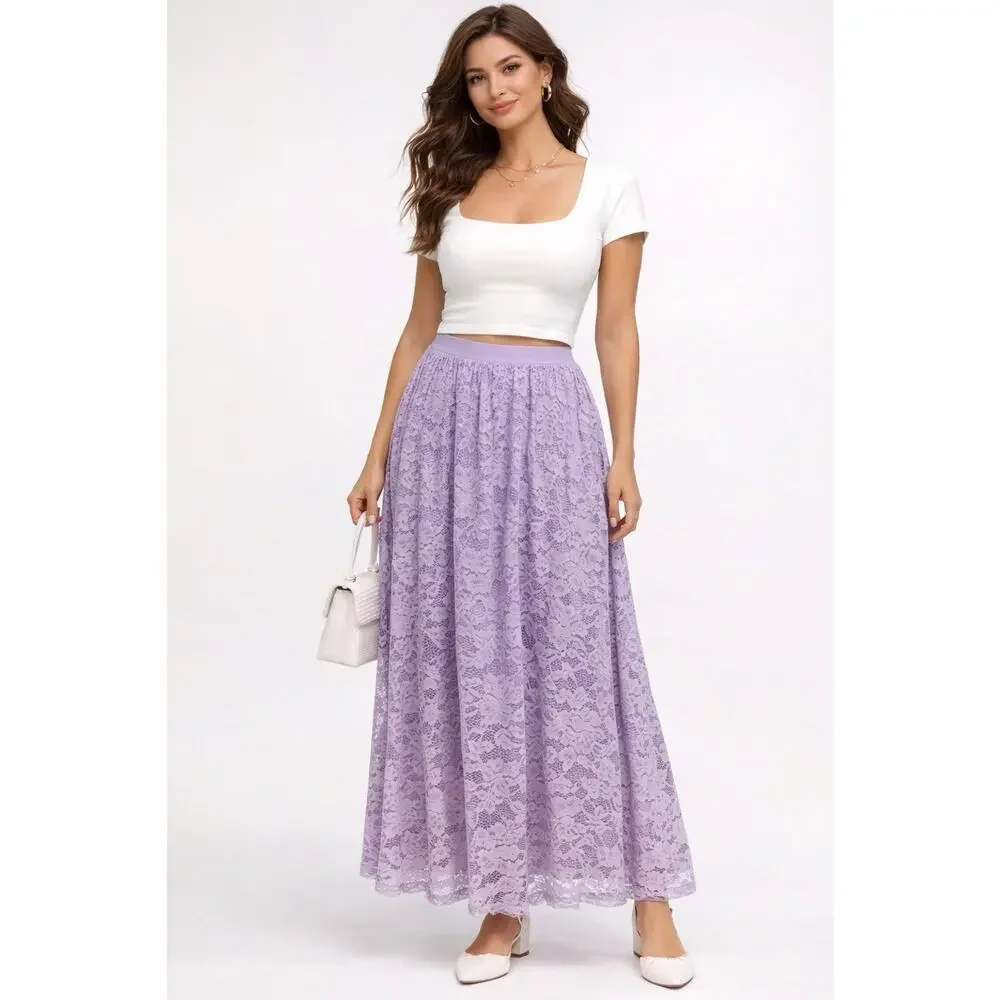 Fairycore Lavender Lace Maxi Skirt Romantic Cottagecore Flowy Large Croquette